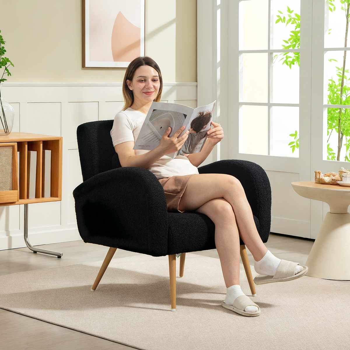 HOMCOM Teddy Fleece Upholstered Accent Chair with Metal Legs, Black