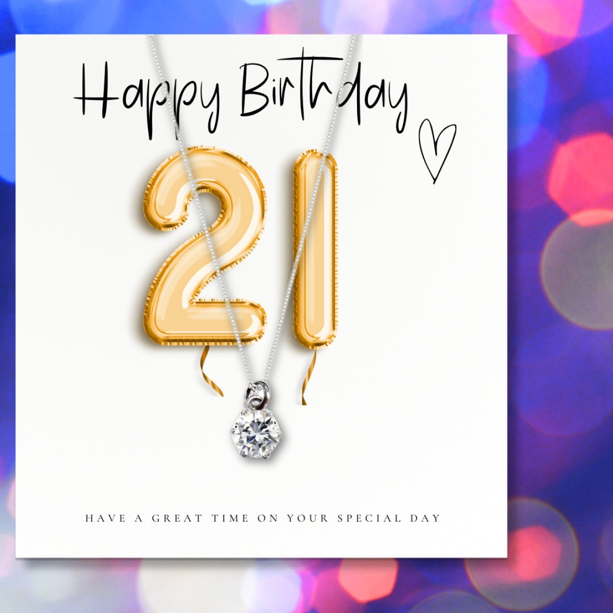 21st Birthday Cubic Zirconia Silver Necklace & Gold Balloons Mini Gift Hamper
