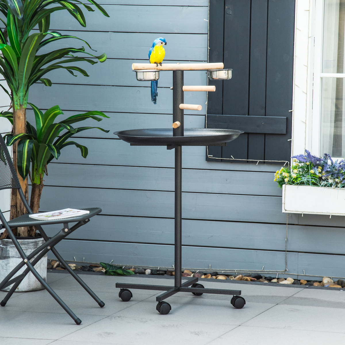 Bird Play Stand Portable Feeder Station w/ Wooden Perches, Stainless Steel Bowls