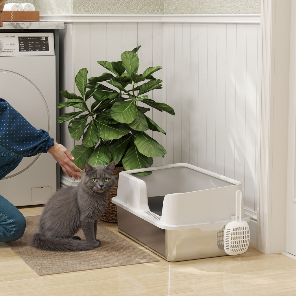 PawHut Stainless Steel Litter Box, High Sided Metal Cat Litter Tray w/ Scoop
