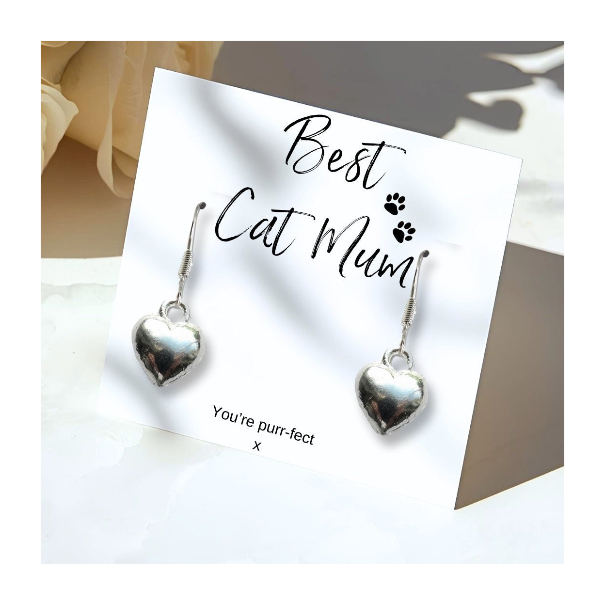 Best Cat Mum Mini Gift Hamper Silver Heart Earrings