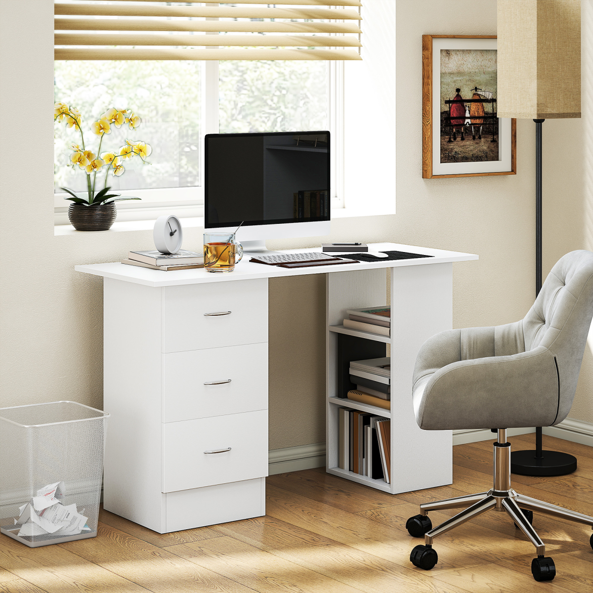 HOMCOM 120cm Computer Desk PC Table Workstation w/ 3 Shelf & Drawers White