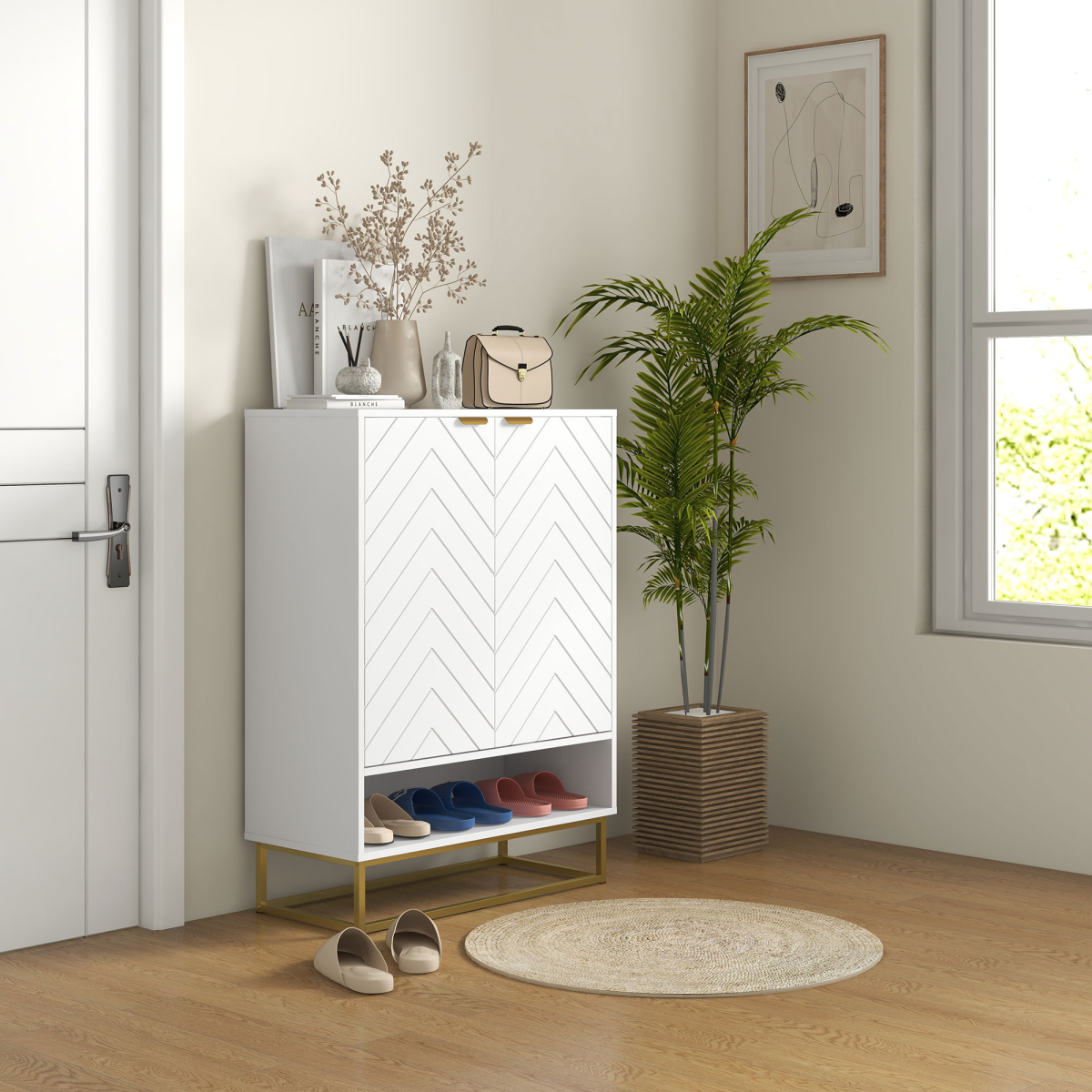 HOMCOM Shoe Cabinet with 2 Chevron Doors, Adjustable Shelf for 12 Pairs