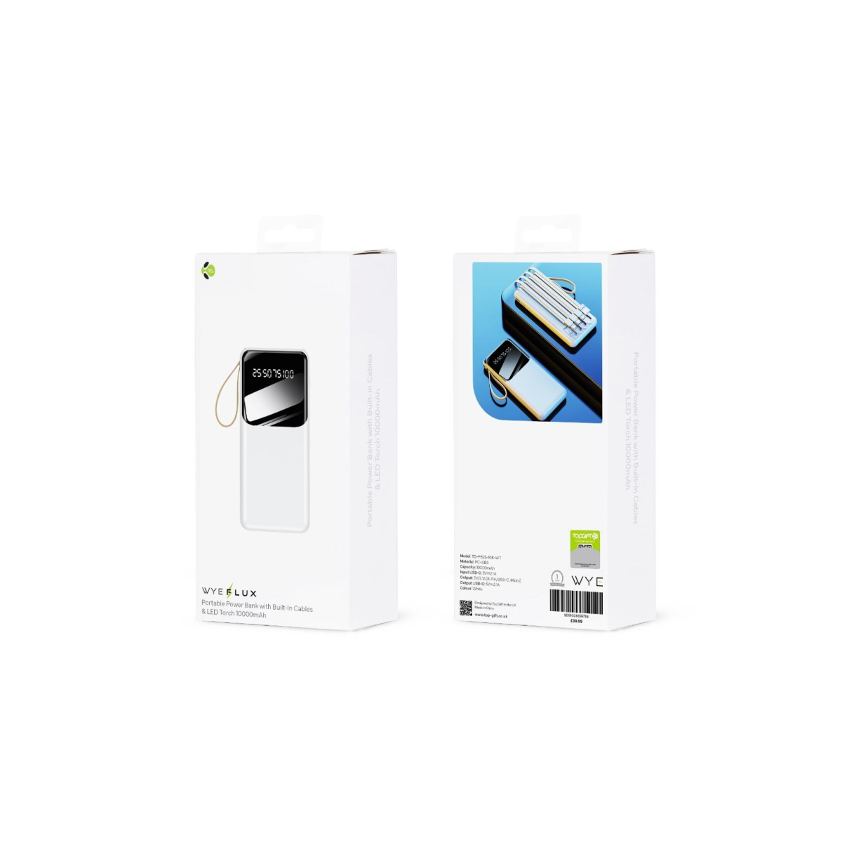 WYEFLUX 10000mAh Portable Power Bank with Built-In Cables and LED Lights - Black