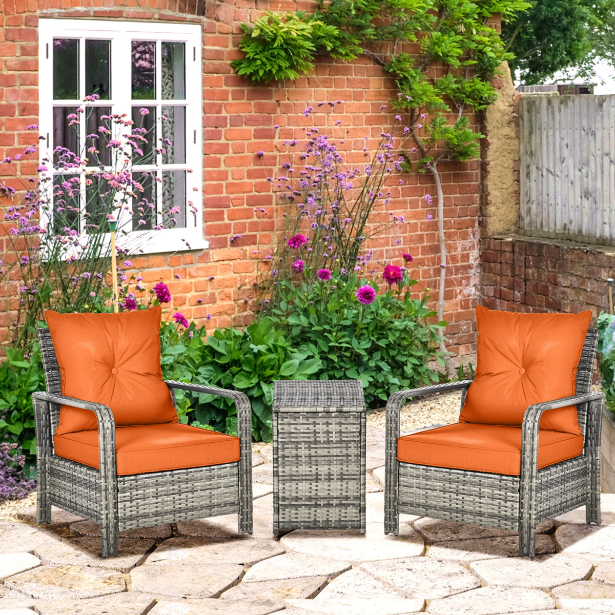 3 PCs PE Rattan Garden Sofa Set w/ 2 Chairs & Storage Table Orange