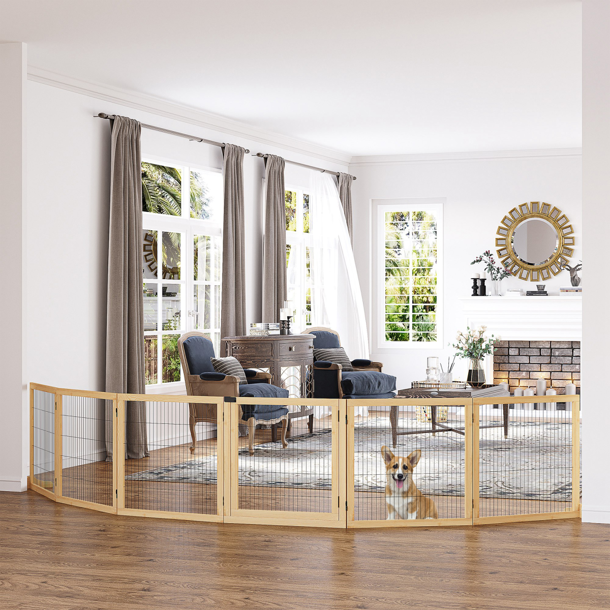 PawHut Freestanding Pet Dog Gate, Six-Panel Foldable Wooden Playpen, 432cm