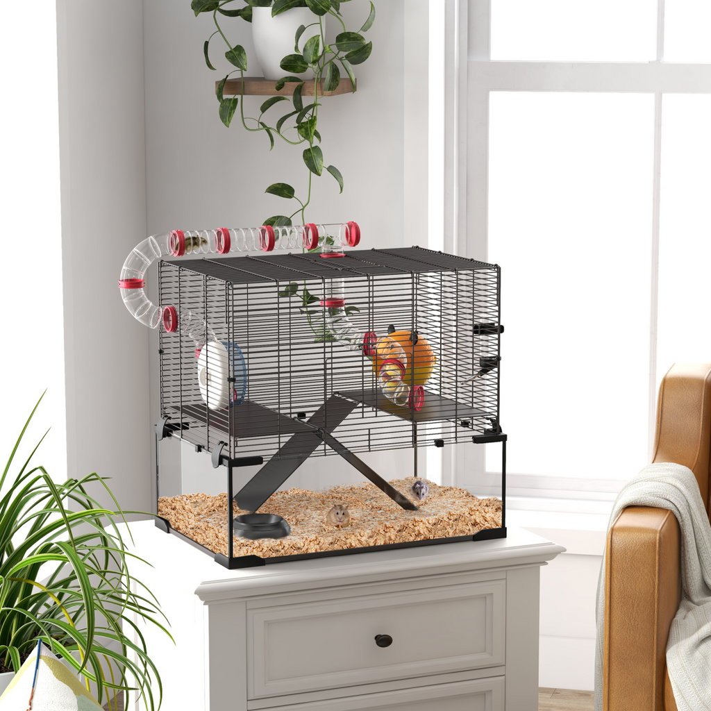 PawHut Hamster Cage w/ Tubes, Ramps, Platforms, Hut, 60 x 40 x 57cm