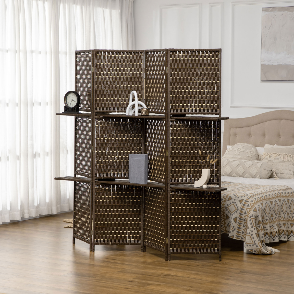 4-Panel Folding Wall Divider Room with Shelves, Privacy Screen Panels, Brown