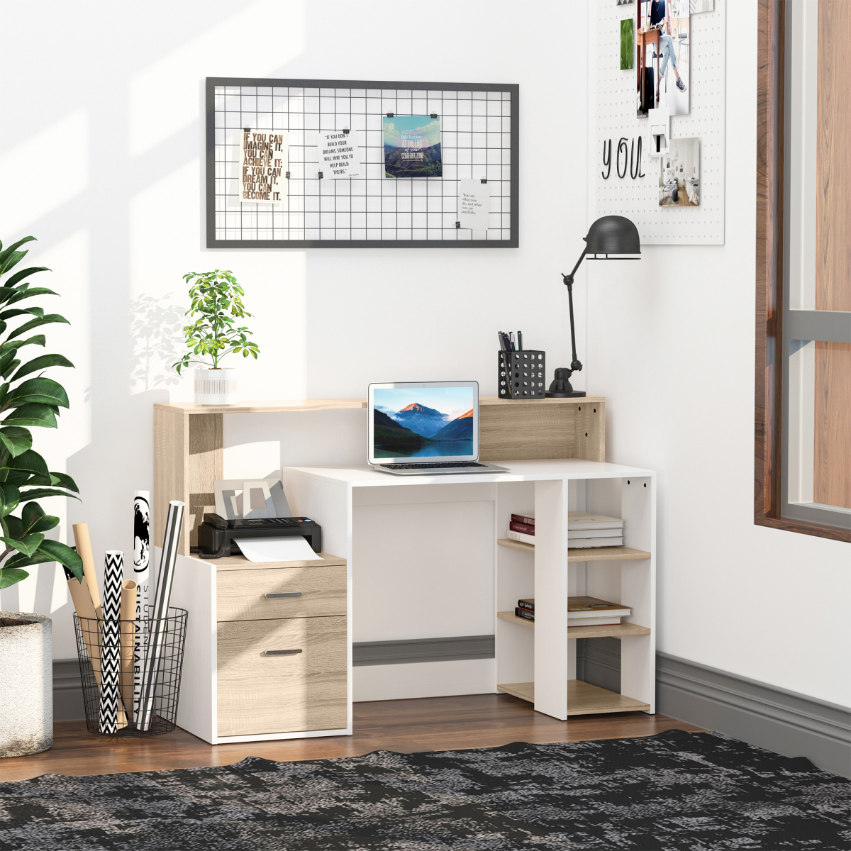 Multi-Storage & Workstation Desk Table Storage Shelves Home Office Oak HOMCOM