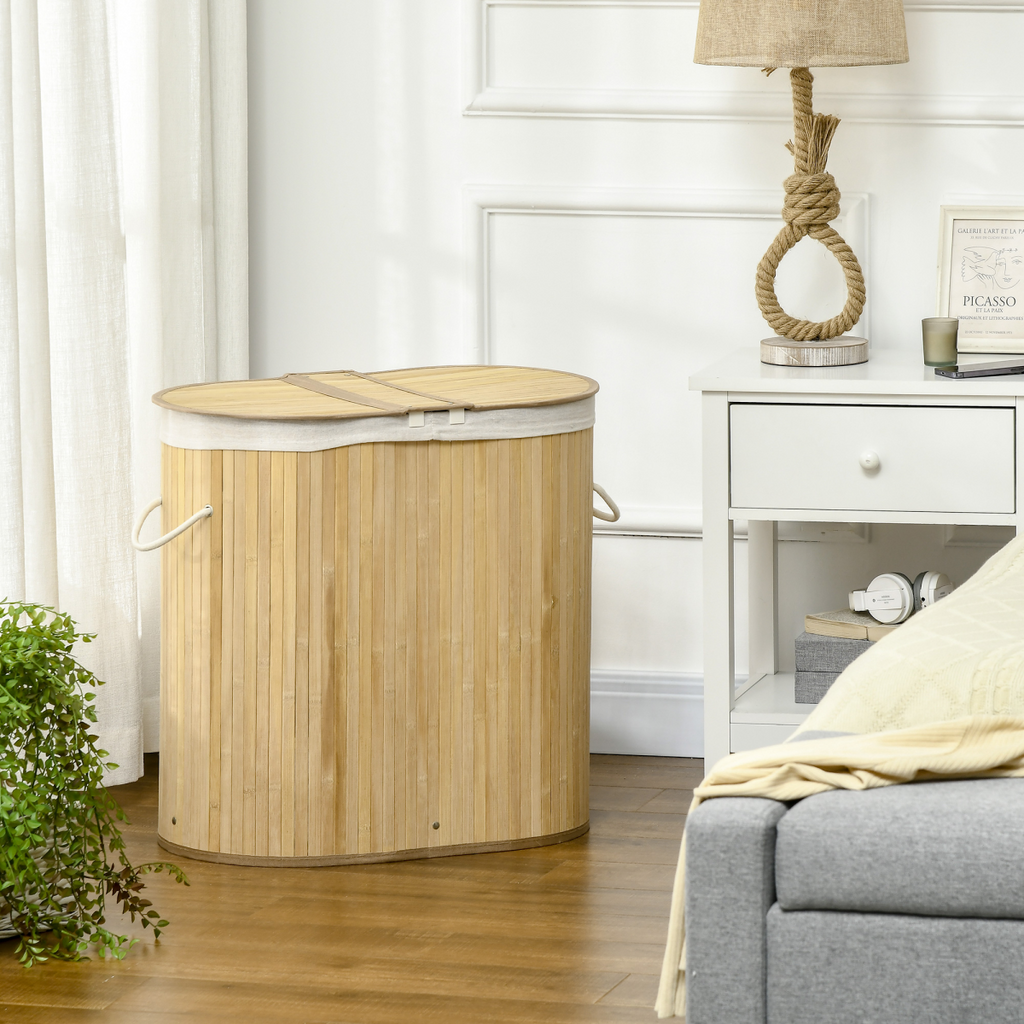 100L Bamboo Laundry Basket with 2 Compartments Washing Baskets Natural HOMCOM