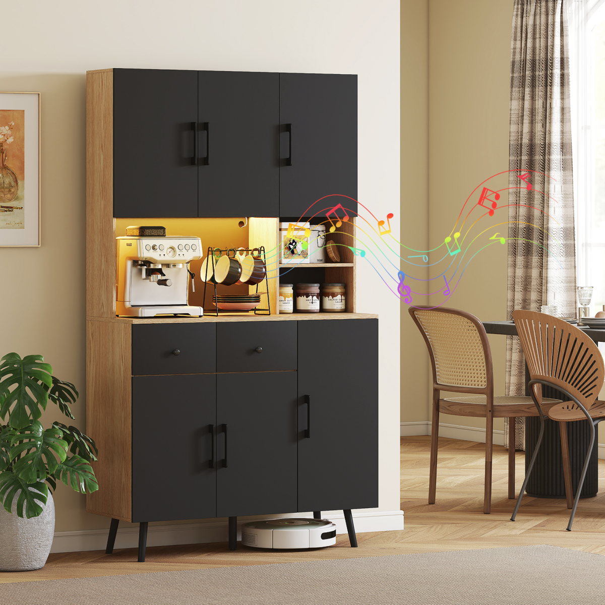 HOMCOM Tall Kitchen Cupboard with LED Lights and Adjustable Shelves, Oak