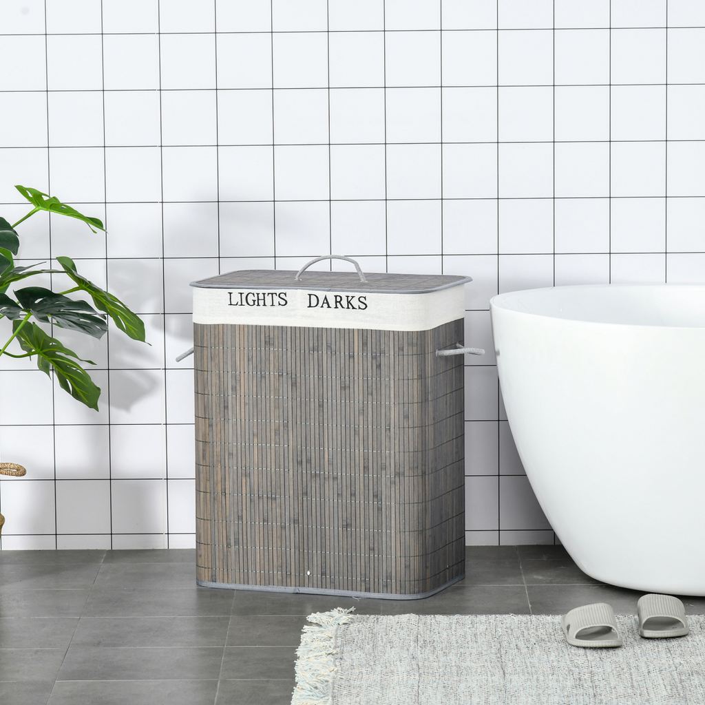 100L Bamboo Laundry Basket with Flip Lid Foldable, Grey Lining
