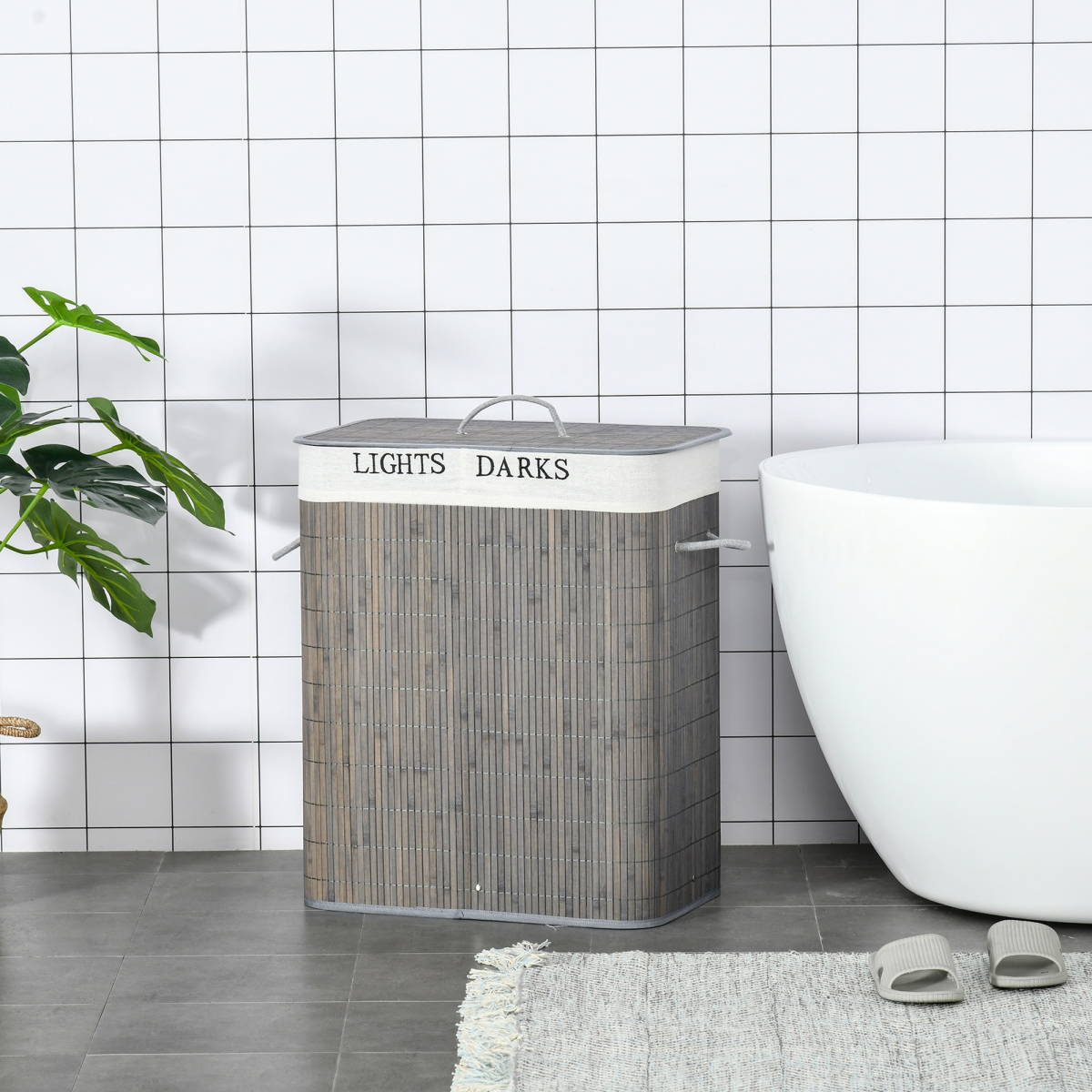 100L Bamboo Laundry Basket with Flip Lid Foldable, Grey Lining