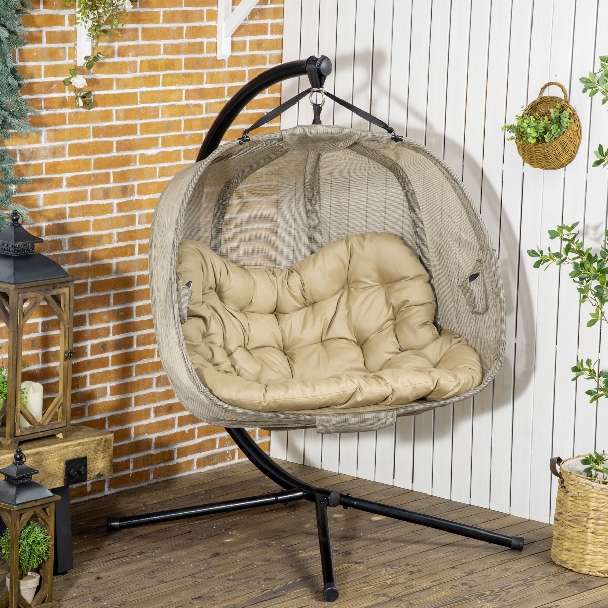 Double Hanging Egg Chair 2 Seaters Swing Hammock w/ Cushion, Brown