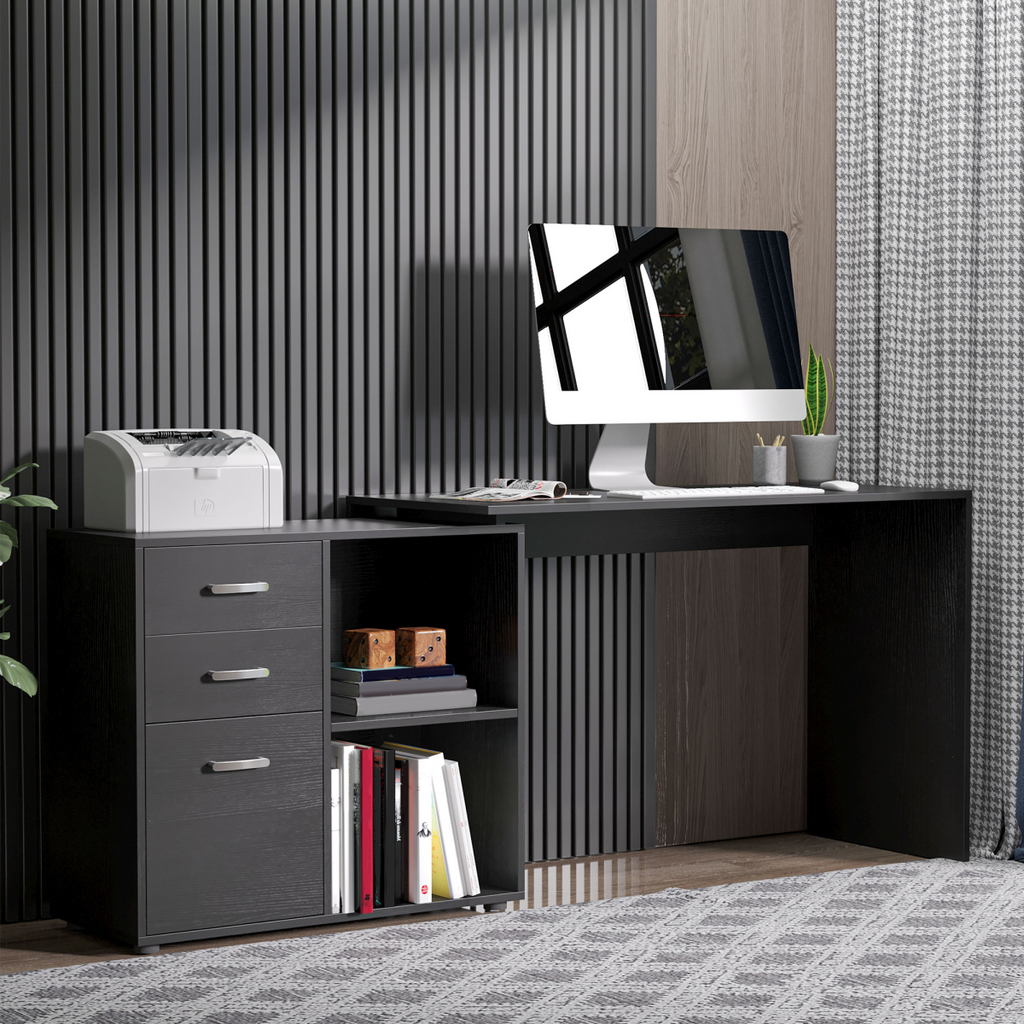 L Shape Computer Desk Workstation Home Office Drawer Shelf File Cabinet-Black