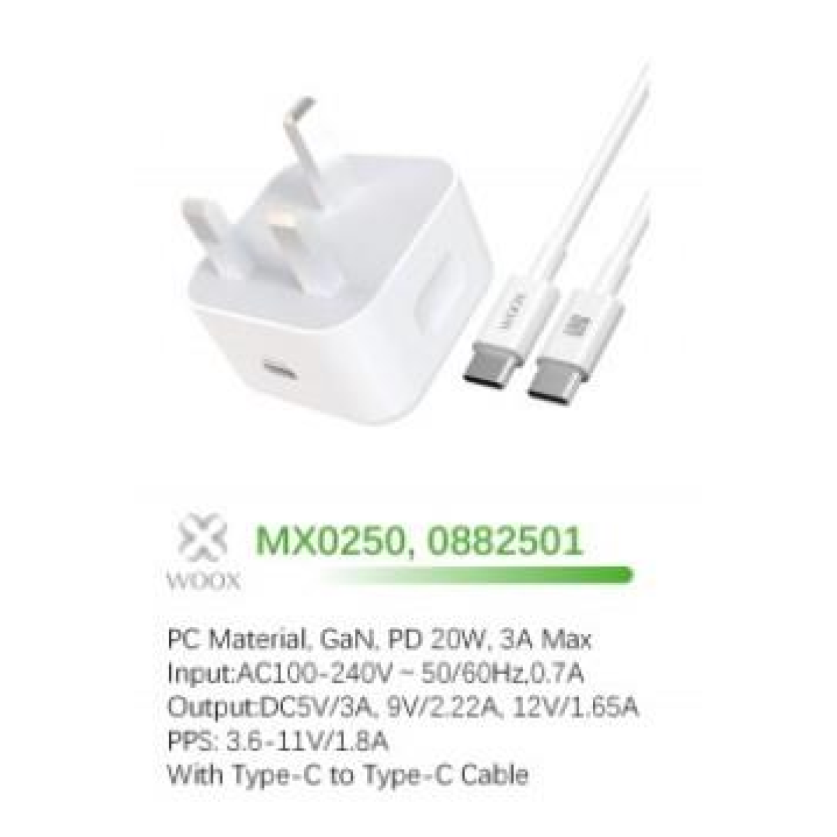 WOOX MX0250 20W PD Home Charger with Type-C to Type-C Fast Cable, 5V 3A, White