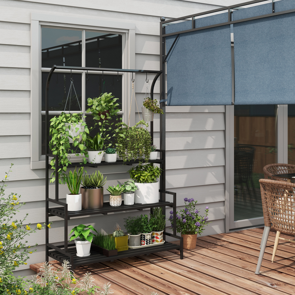 Outsunny 3 Tiered Plant Rack Stand with Hanging Hooks for Indoor Outdoor Use