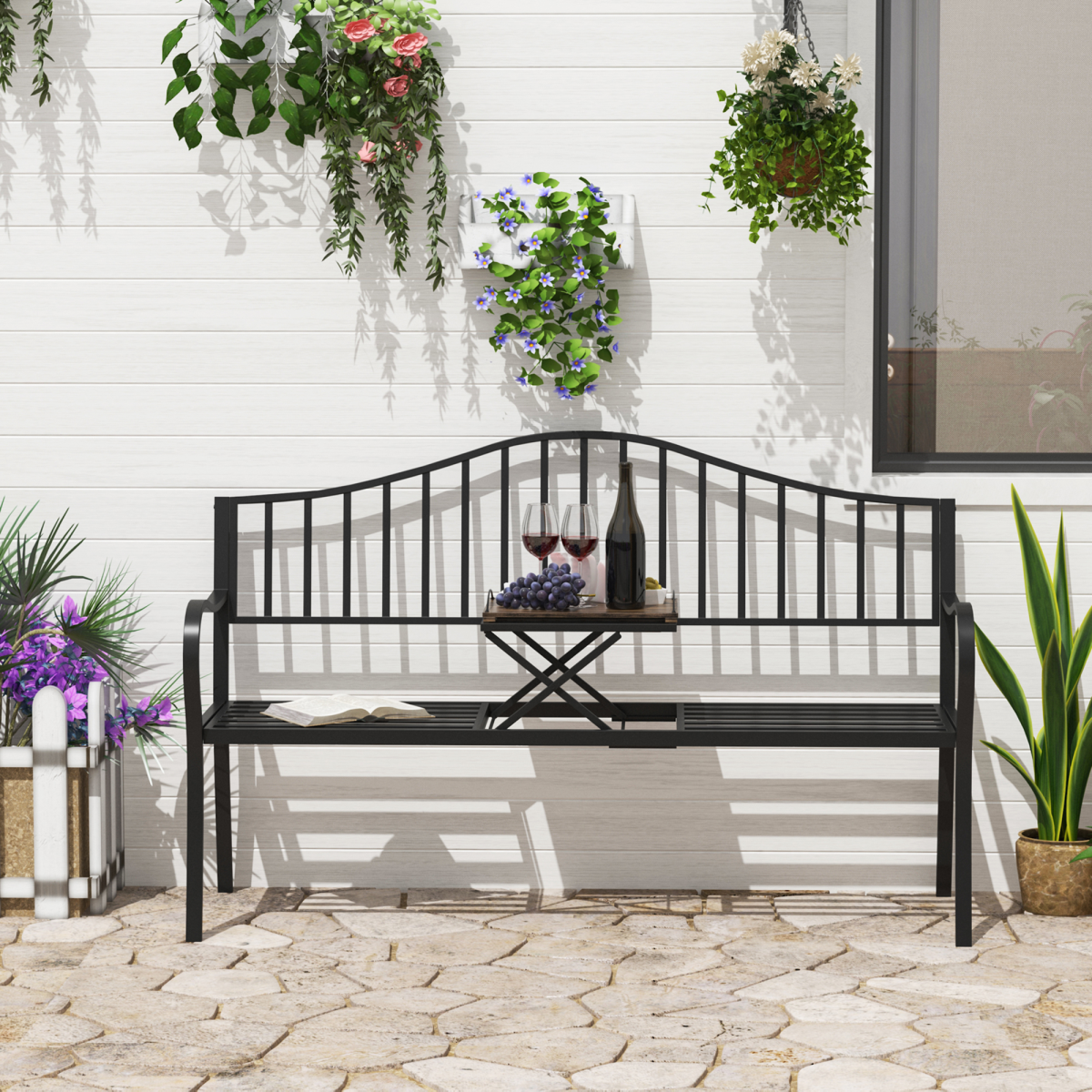 Outdoor Metal Frame 2 Seater Bench Patio Park Garden Seating Chair w/ Table