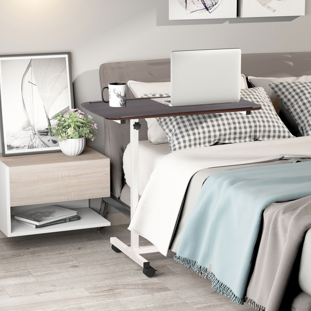 Multipurpose Overbed Chair Table Sofa Side Stand Height Adjustable White/Brown