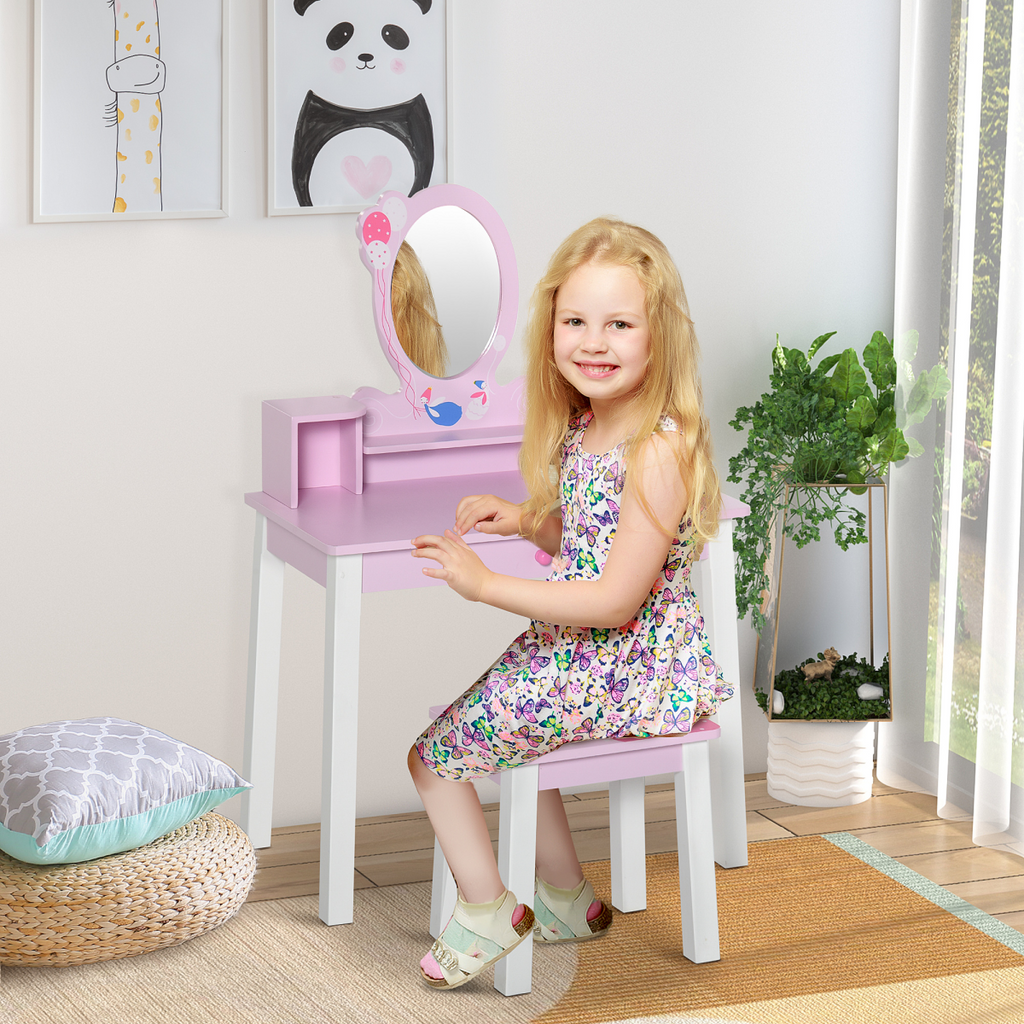 Kids Dressing Table and Stool Set Make Up Desk with Storage (Pink) HOMCOM