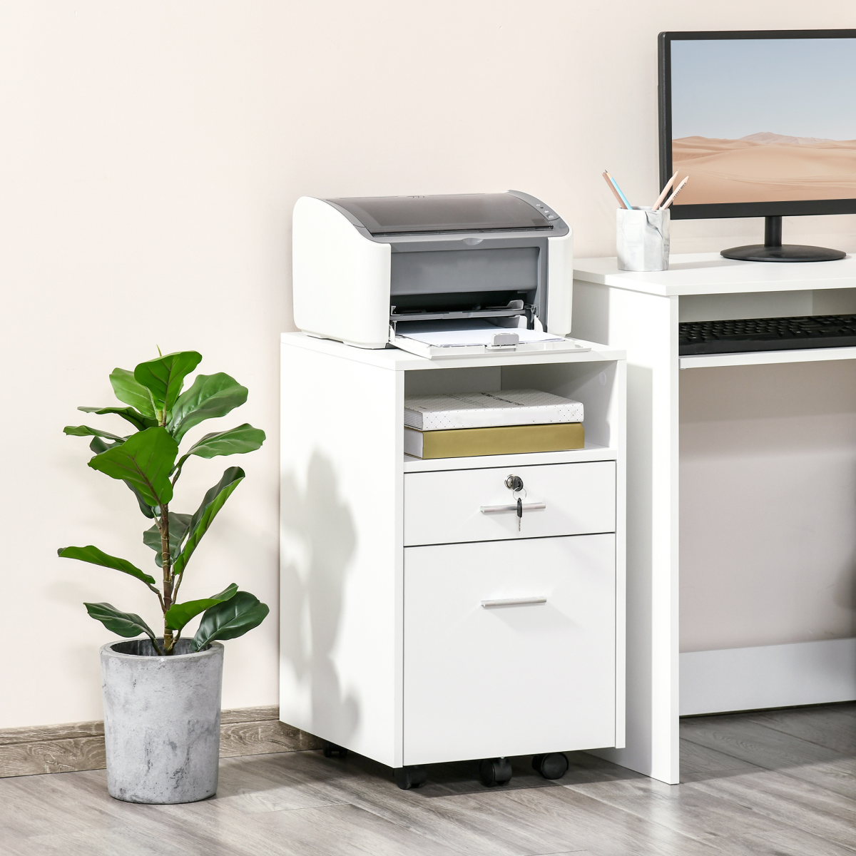 Mobile File Cabinet Lockable Documents Storage w/ 5 Wheels White Vinsetto
