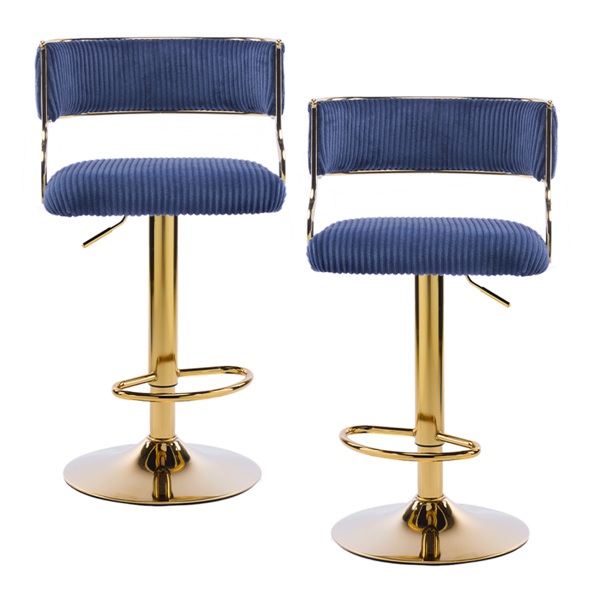 2pcs Blue Corduroy Swivel Bar Stools with Gold Plated Trumpet Base and Height