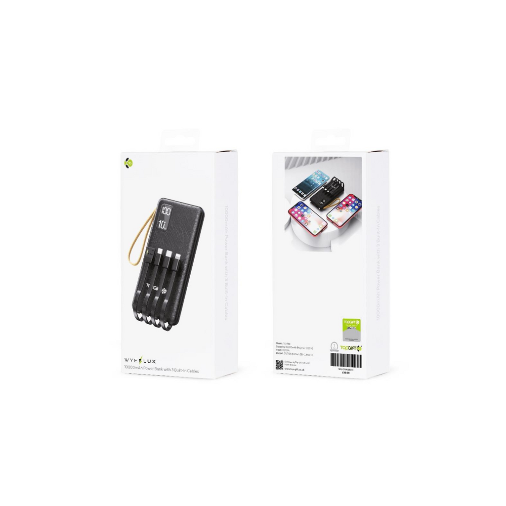 WYEFLUX 10000mAH Power Bank With 3 Built-In Cables