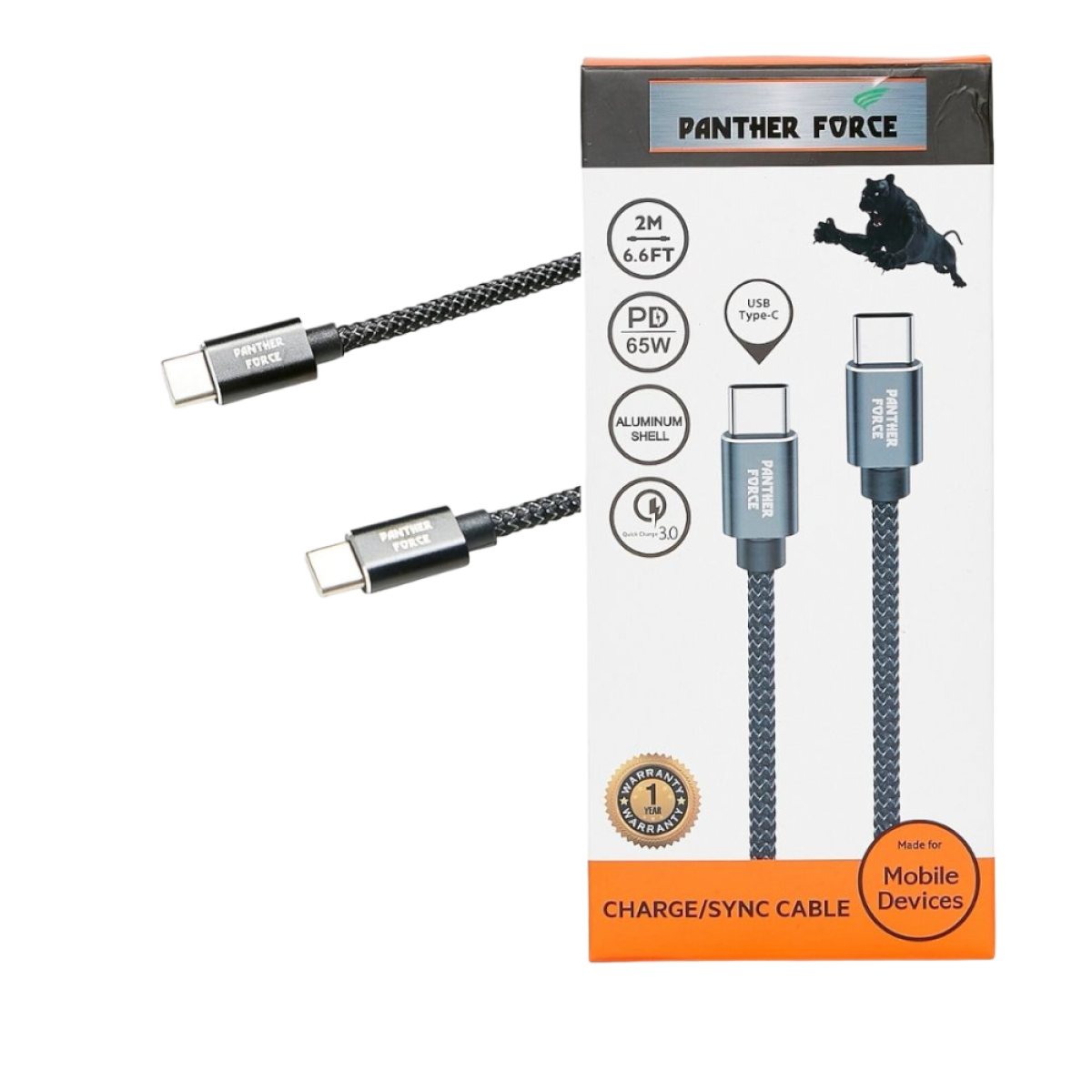 Panther Force 65W USB-C Cable 2M Fast Charging & Data Transfer