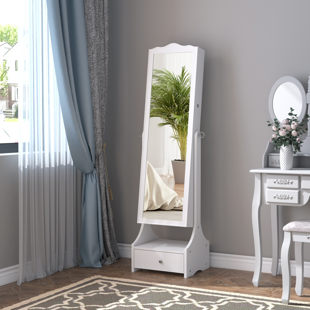 Mirrored Jewelry Cabinet Armoire Floor Standing  Lock, LED Light White