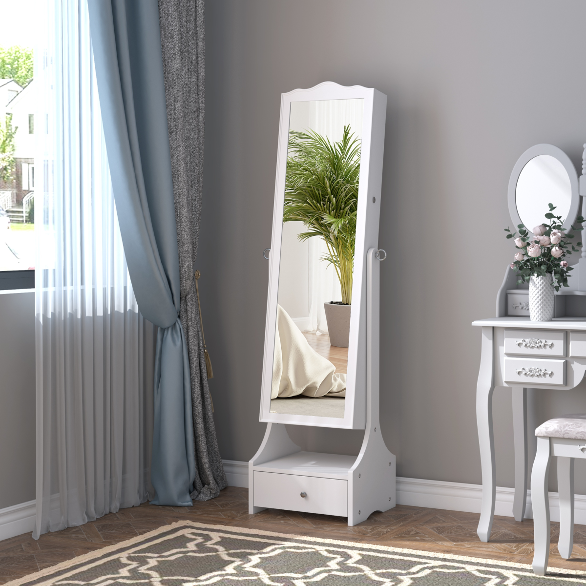 Mirrored Jewelry Cabinet Armoire Floor Standing  Lock, LED Light White