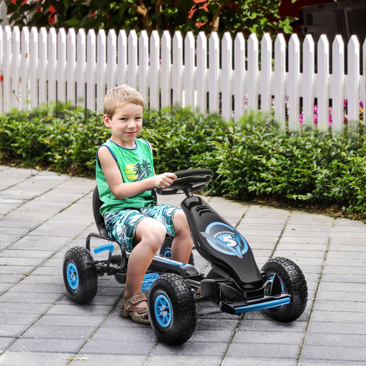 HOMCOM Children Pedal Go Kart w/ Adjustable Seat, Rubber Wheels, Brake, Blue
