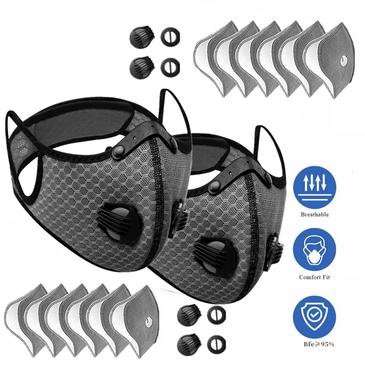 (2 Pack)Reusable Half Face Cover Mask with Filter Cycling Outdoor Sport Face Mask Grey