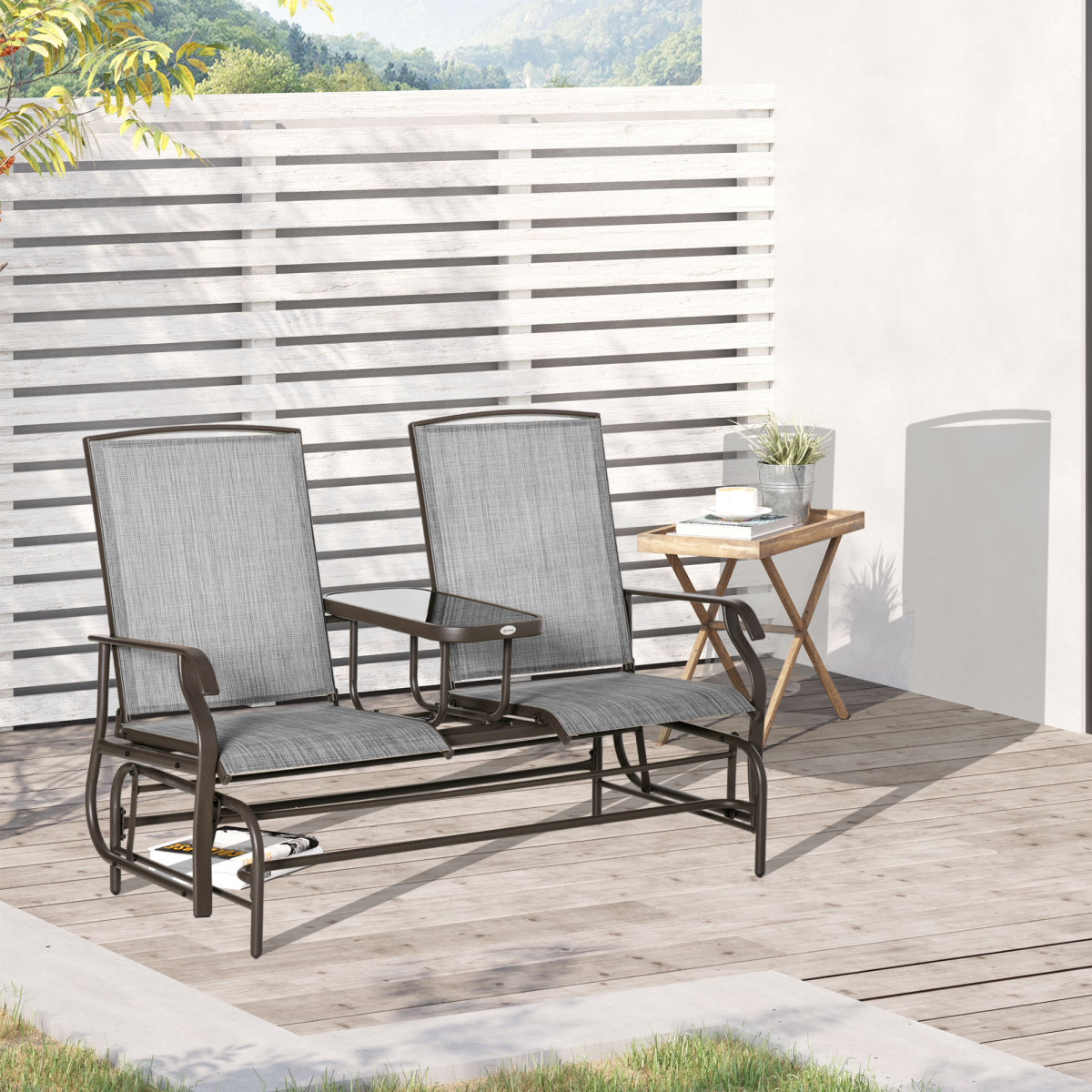 2 Seater Metal Double Swing Chair Glider Rocking Chair Seat With Table Grey
