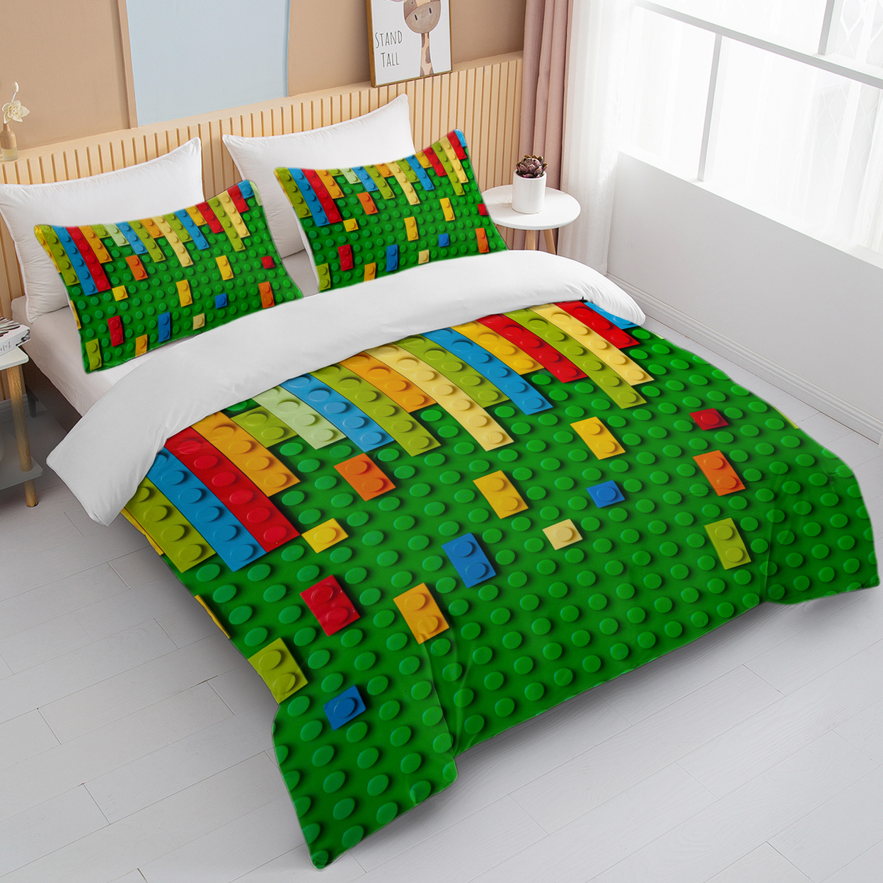 Green Blocks Duvet Cover Set Double 3pcs Colorful Microfiber Kids Bedding Set