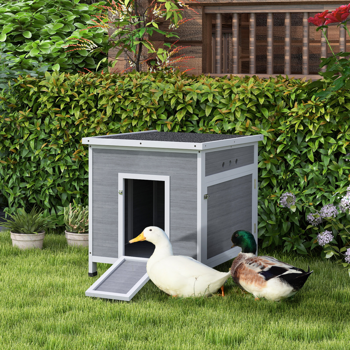 PawHut Wooden Duck House, Poultry Coop with Double Doors, Openable Roof, Grey