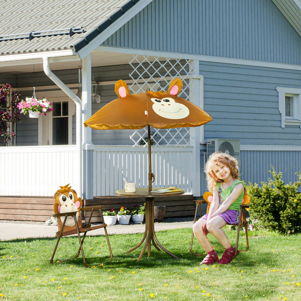 Kids Foldable Four-Piece Garden Set Table, Chairs, Umbrella