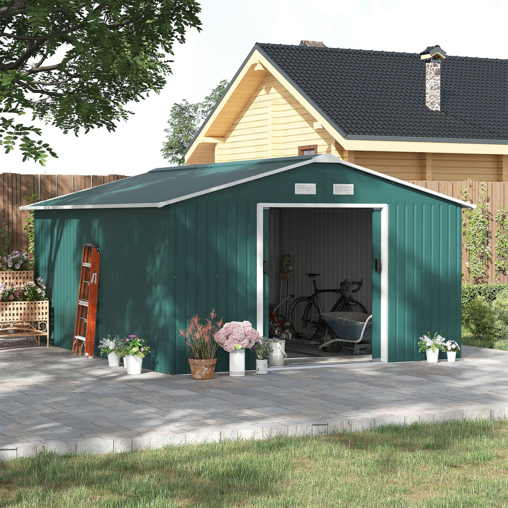 13ft x 11ft Outdoor Roofed Metal Storage Shed Foundation Vent & Doors Green