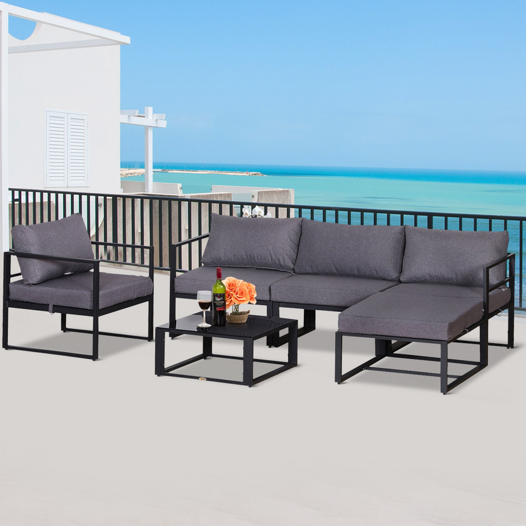 6pcs Garden Sectional Sofa Set Aluminum Frame Coffee Table Footstool Outsunny