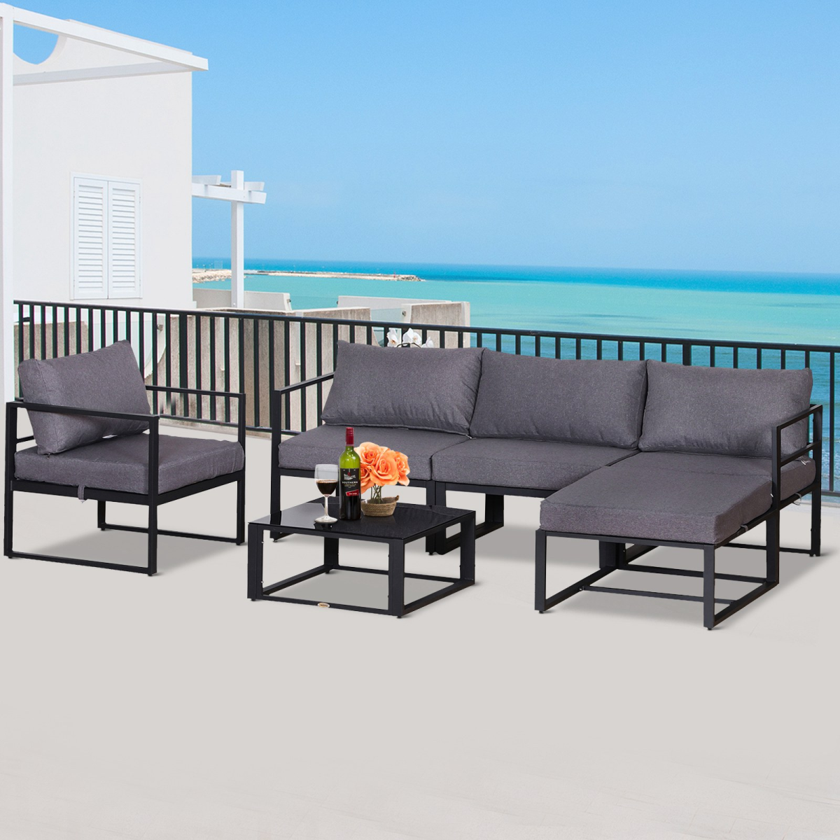 6pcs Garden Sectional Sofa Set Aluminum Frame Coffee Table Footstool Outsunny