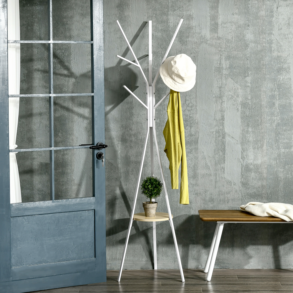 180cm Coat Rack Metal Clothes and Scarves Hat Hanger Hall Tree 9 Hooks-White