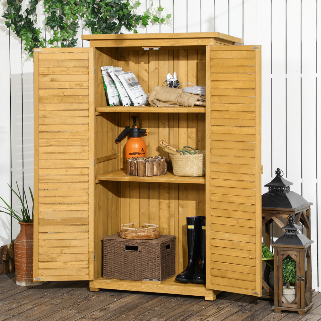 Wooden Garden Storage Shed Unit, 3-Tier Shelves Tool Cabinet Organizer