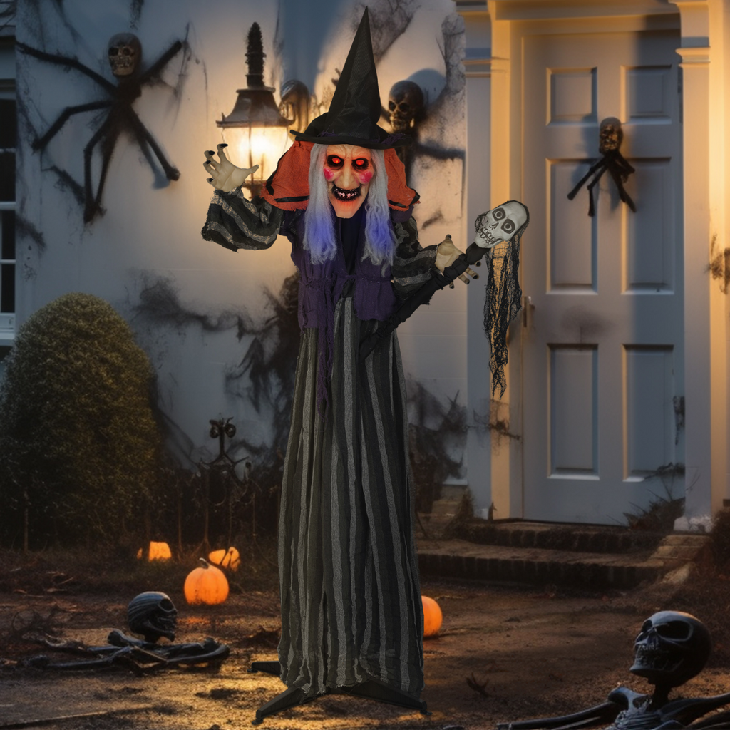 Outsunny Voice Activated Halloween Animatronics Standing Witch & Skull Staff