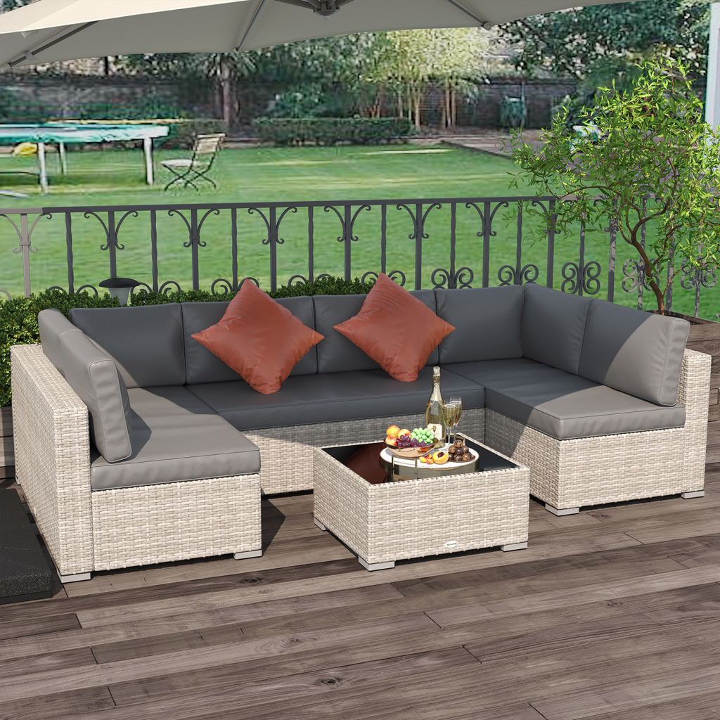 6-Seater Patio PE Rattan Sofa Set, w/ Tempered Glass Coffee Table Grey