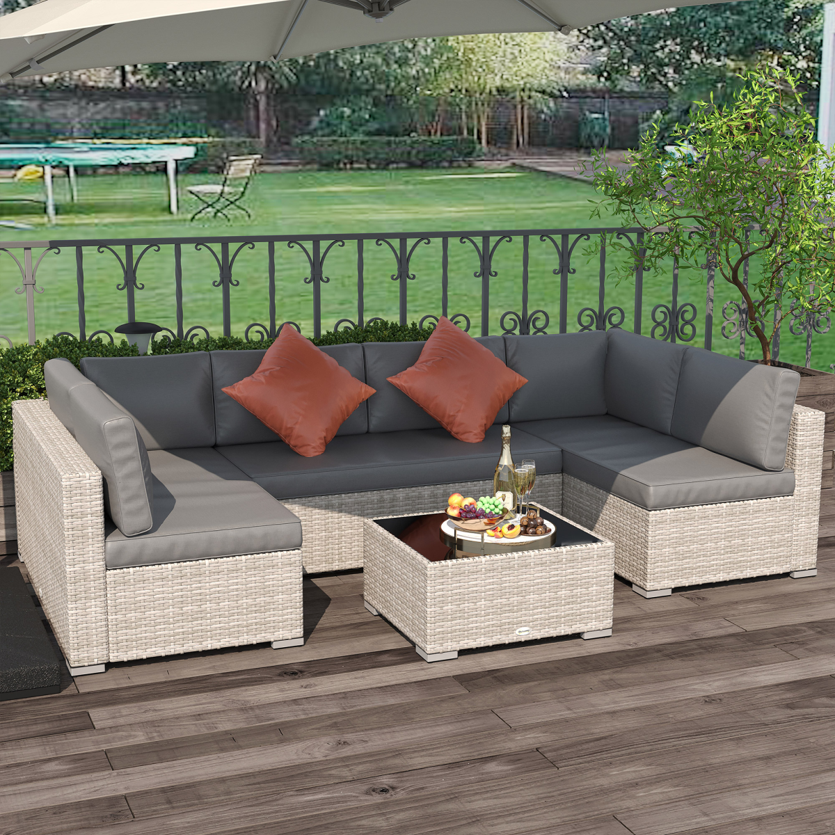 6-Seater Patio PE Rattan Sofa Set, w/ Tempered Glass Coffee Table Grey