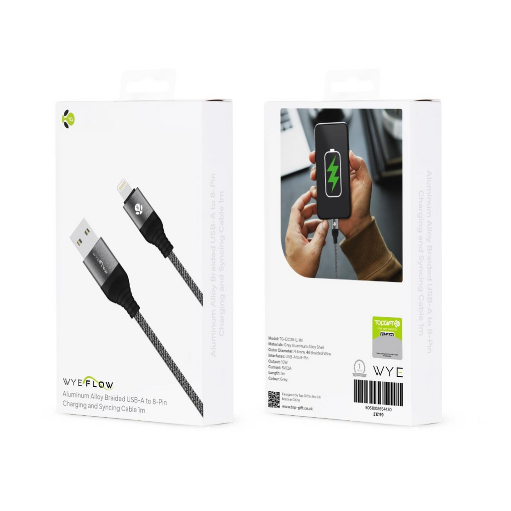 WYEFLOW Aluminum Alloy Braided USB-A to 8-Pin Charging and Syncing Cable 2m
