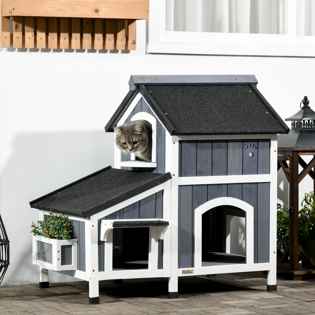 PawHut – Wooden – Cat – House – Outdoor with Flower Pot, – Window, Multiple – Entrances