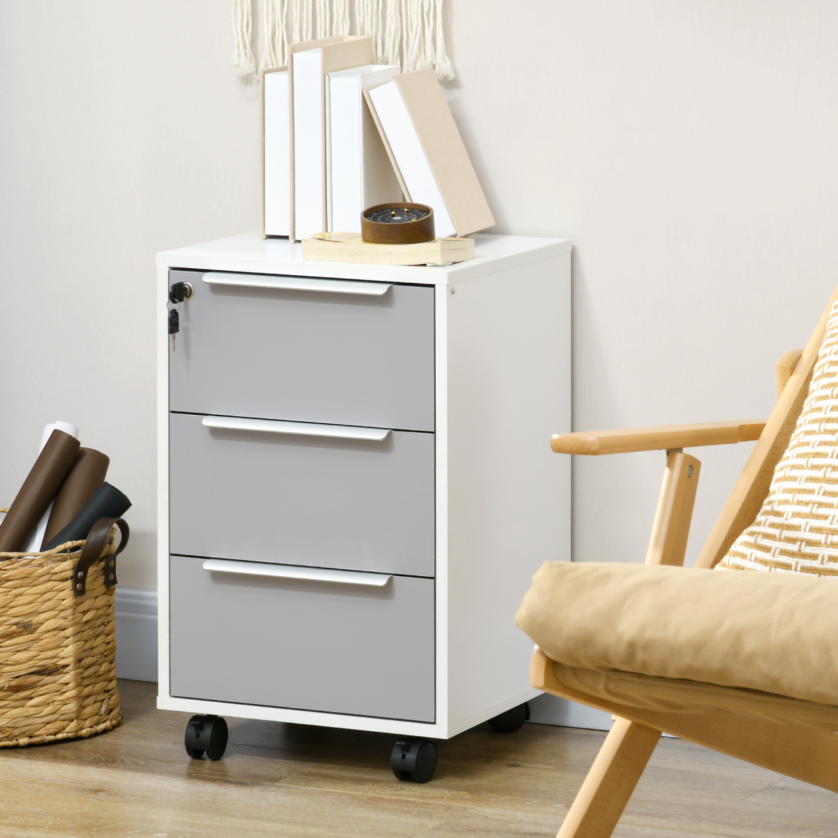 3-Drawer Locking File Cabinet Mobile Chest of Drawers Side Table Wheels