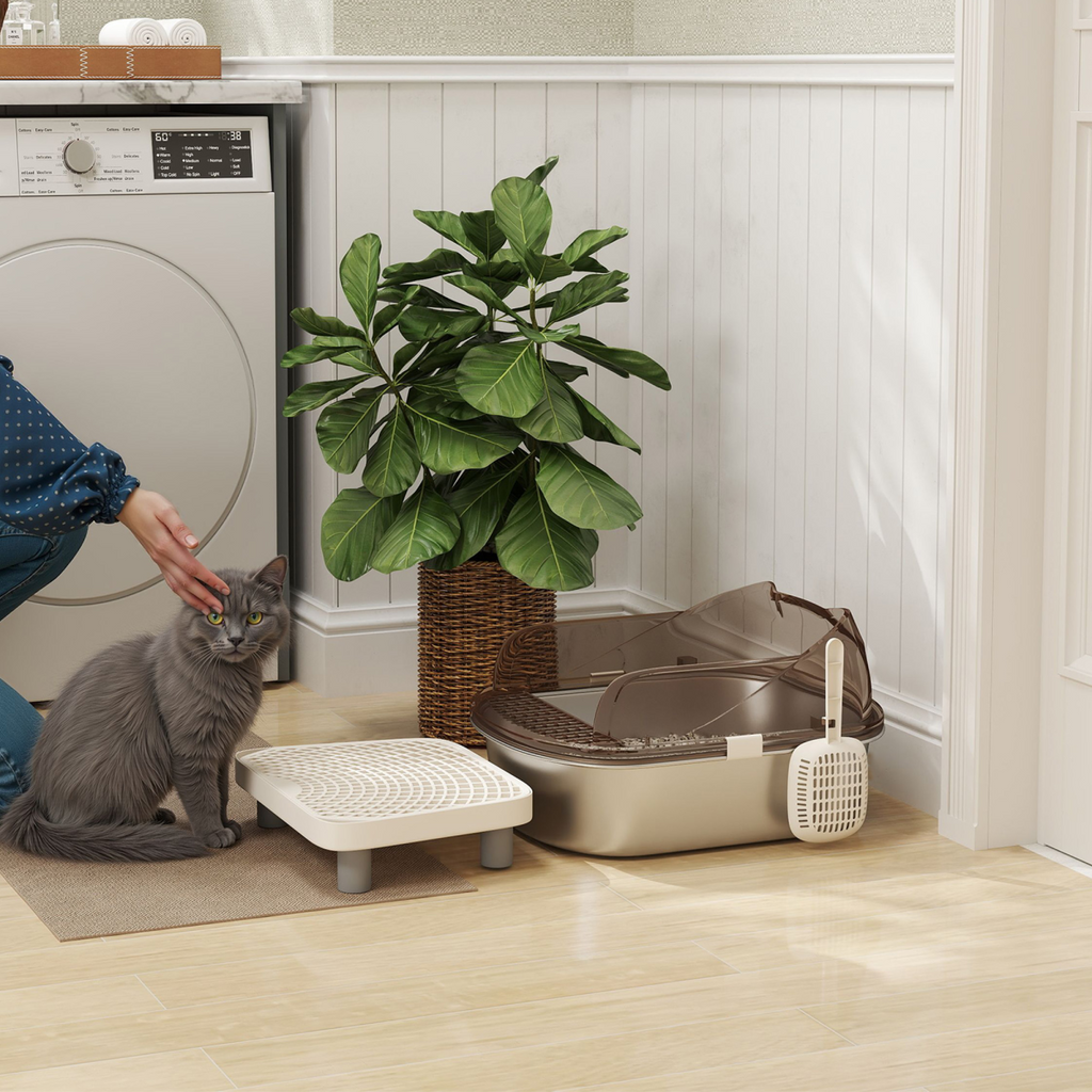 PawHut Stainless Steel Litter Box, Cat Litter Tray w/ Lid, Pedal, Scoop