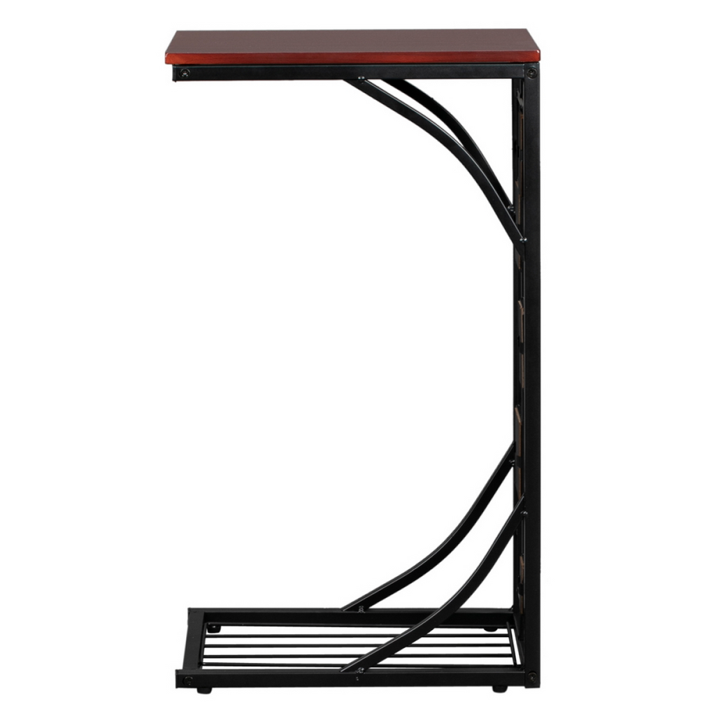 C-Shaped End Table with Gravel Pattern, Brown Top & Black Powder-Coated Base