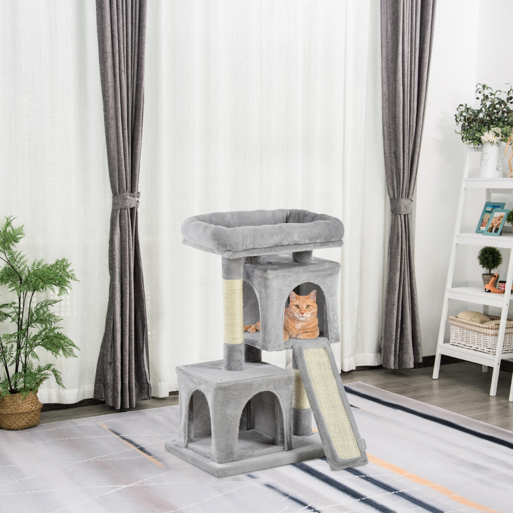 Cat Rest & Play Activity Tree w/ 2 House Cushion Perch Scratching Post Grey